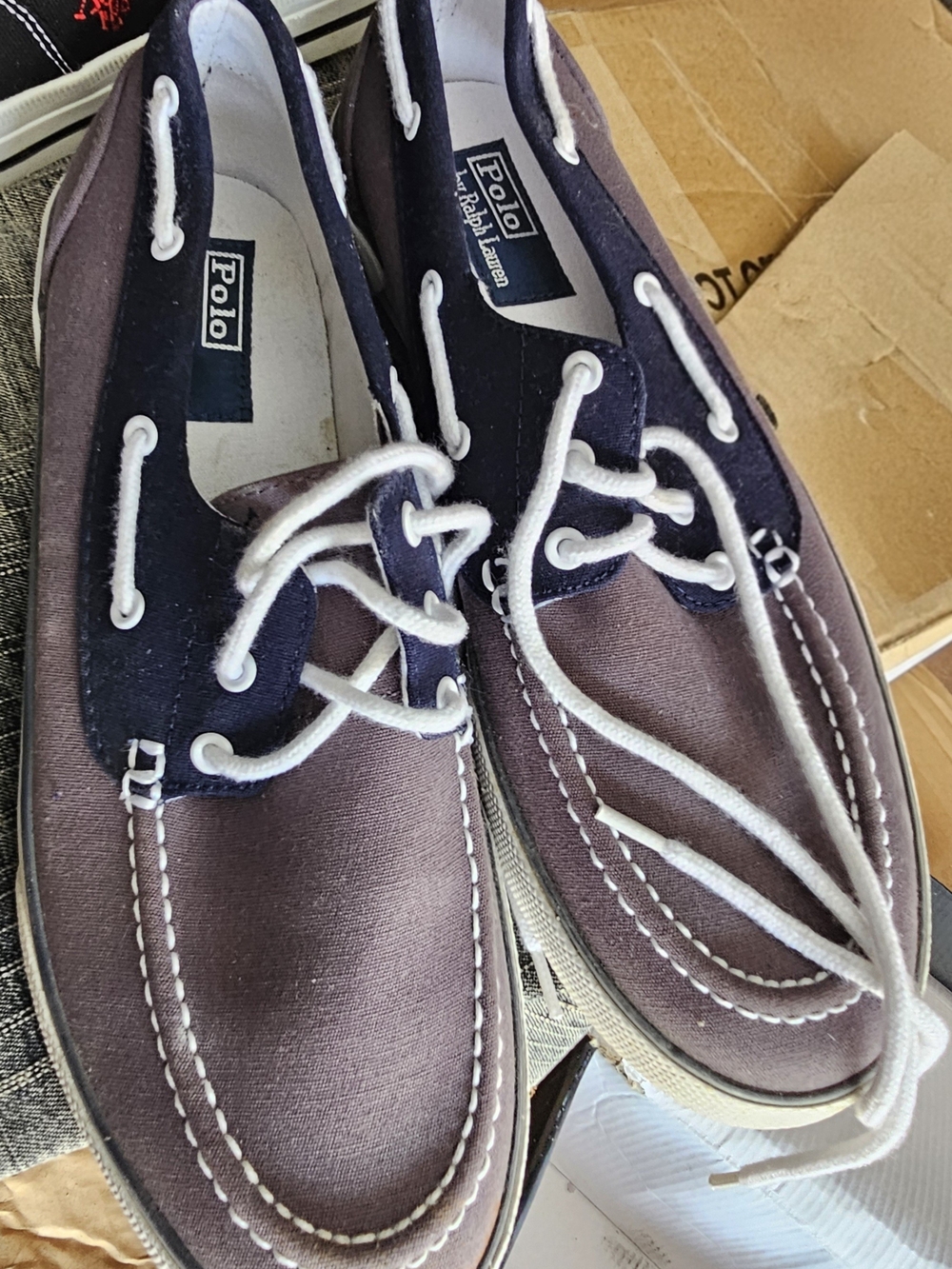 Polo by Ralph Lauren Grey and Navy Canvas Boat Shoes with White Laces